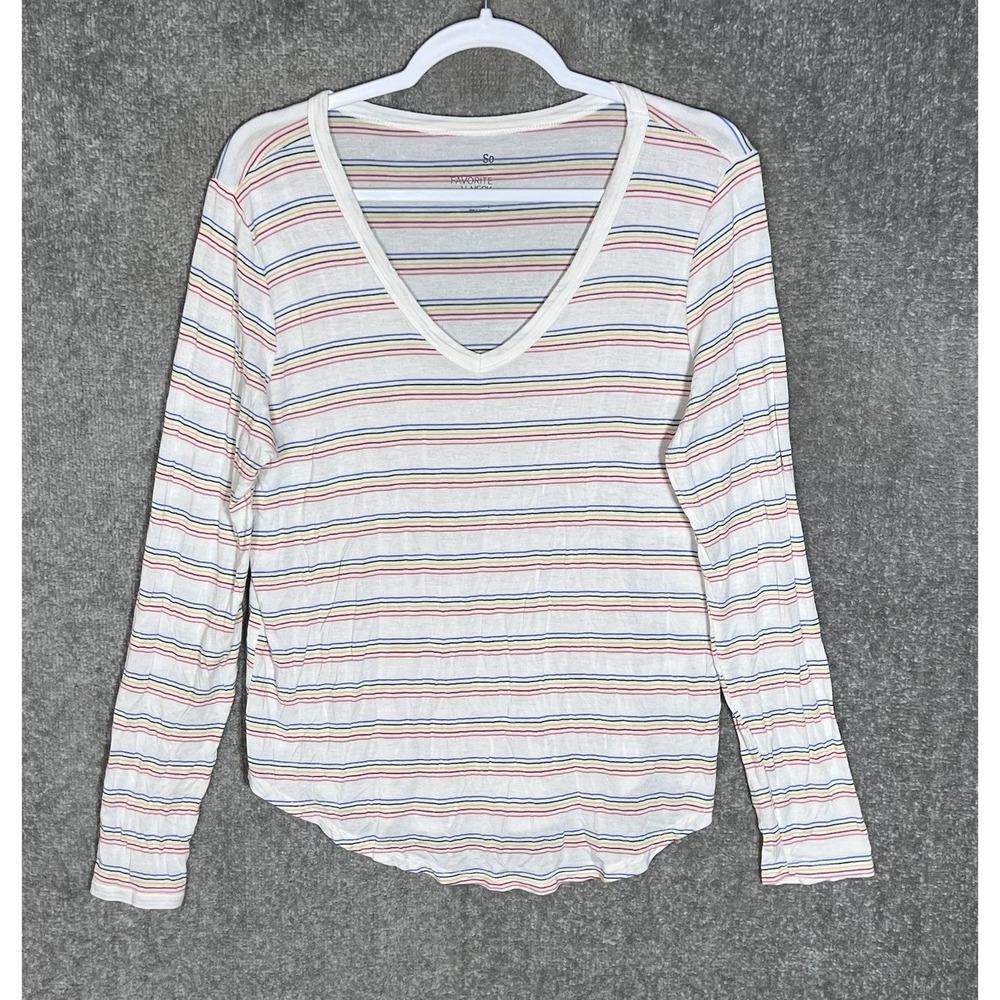 So Brand Favorite V-Neck Long Sleeve Top Womens Size Large White Rainbow Stripe
